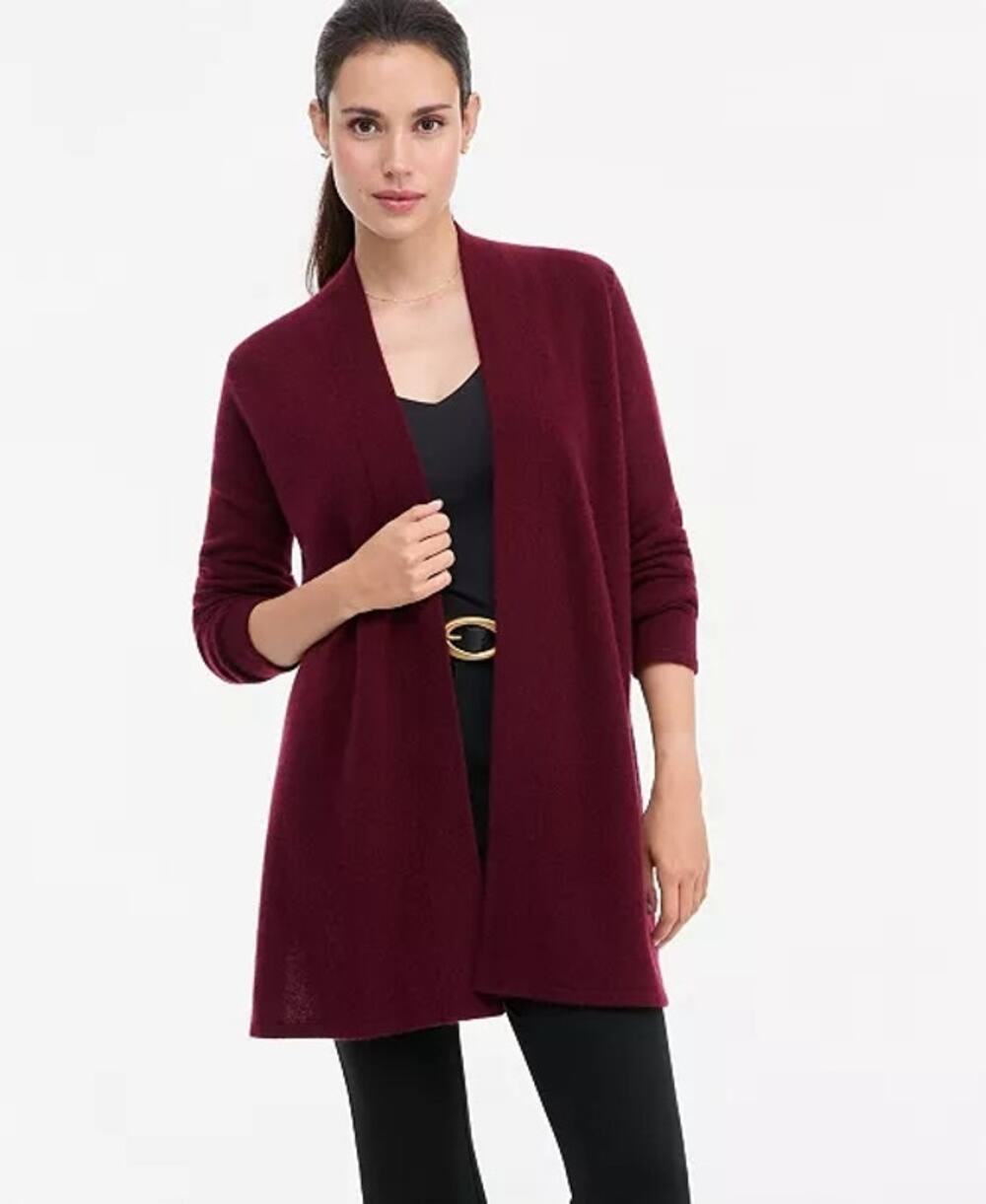 Charter Club Luxury Cashmere Burgundy Medium Open Cardigan Sweater Side Slits